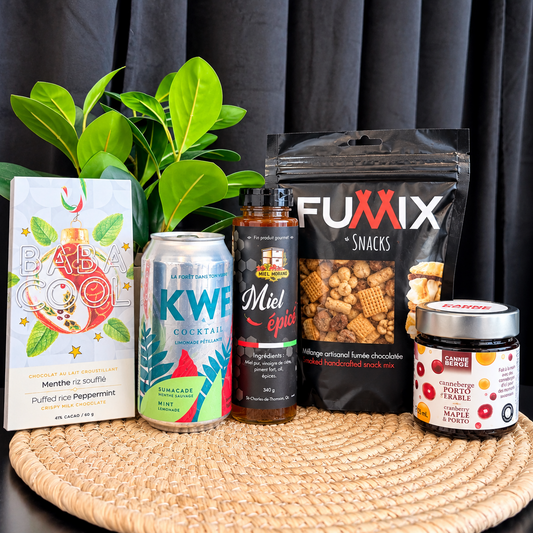 Sélection de produits québécois inclus dans la boîte cadeau La Valeur Sûre