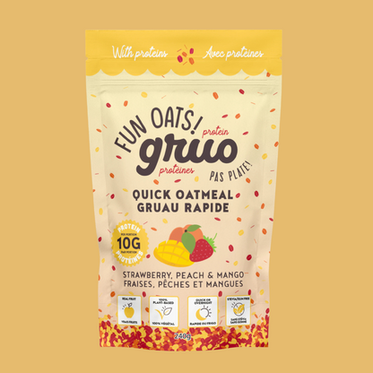 Gruau Gruo fraises, pêches et mangues protéiné – sac 240 g