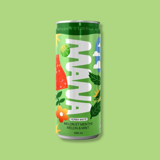 Canette de boisson énergisante biologique Mana Yerba Maté, saveur melon et menthe. Une infusion rafraîchissante et naturelle pour un boost d'énergie au goût estival ! 