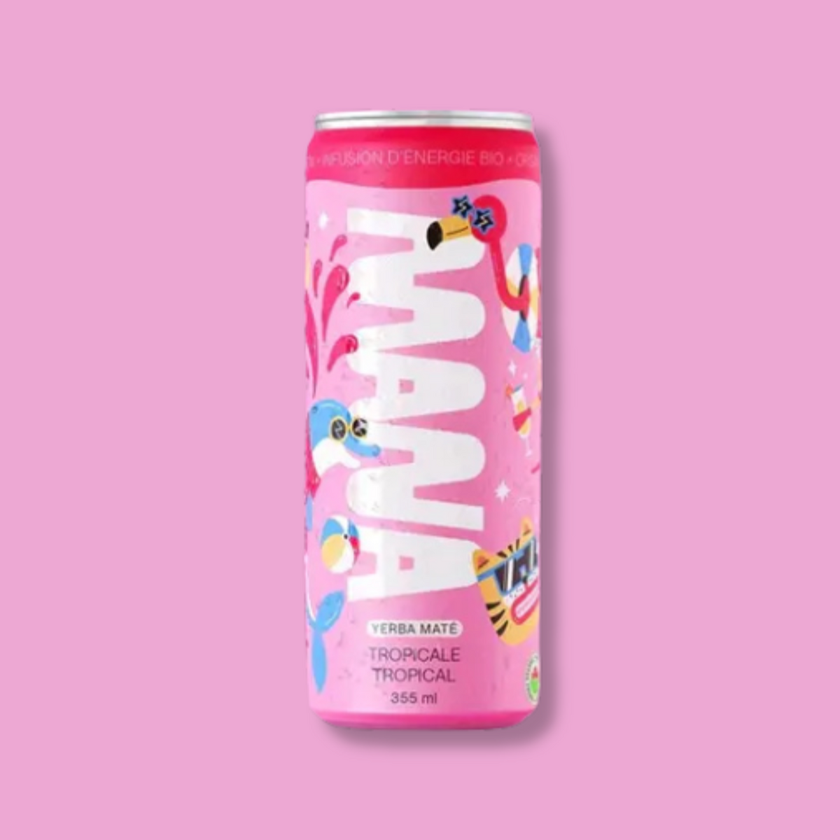 Canette de boisson énergisante biologique Mana Yerba Maté, saveur tropicale. Une infusion rafraîchissante aux saveurs exotiques pour un boost d'énergie naturel et fruité ! 