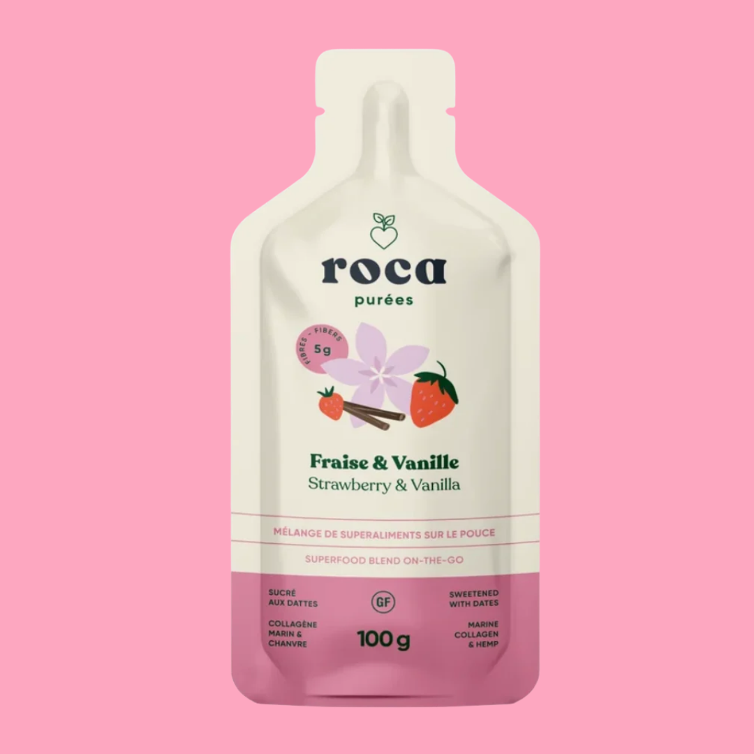 ROCA Nutrition – Purée de fruits fraise et vanille aux superaliments, collation énergétique québécoise en sachet individuel.