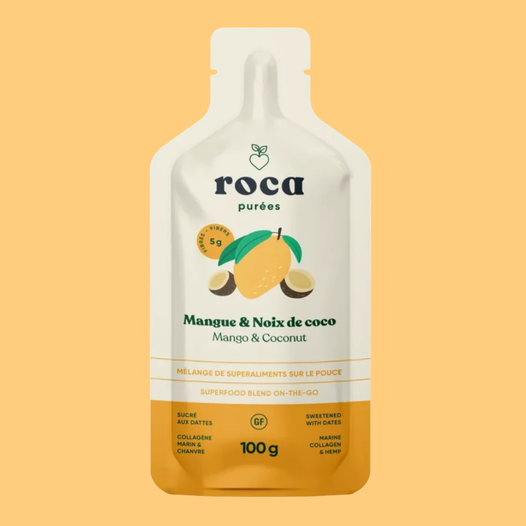 ROCA Nutrition – Purée de fruits mangue et noix de coco aux superaliments, collation énergétique québécoise en sachet individuel.